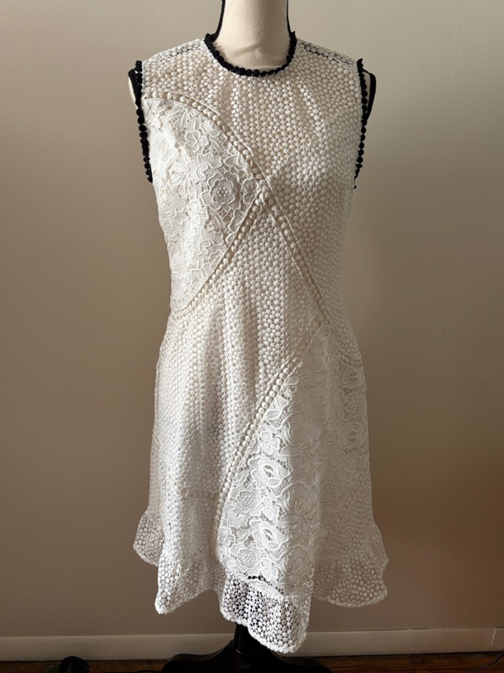 Whistles White Lace & Crochet Trim Mini Dress with Black Piping